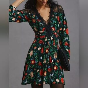Anthropologie Lacey V-Neck Floral Maximalist Extravagant Mini Dress